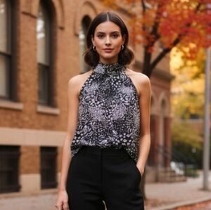 Elie. Elie Tahari Small Sleeveless Top Blouse High Neck Black White Animal Print